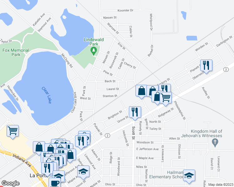 map of restaurants, bars, coffee shops, grocery stores, and more near 165 Stanton Street in La Porte