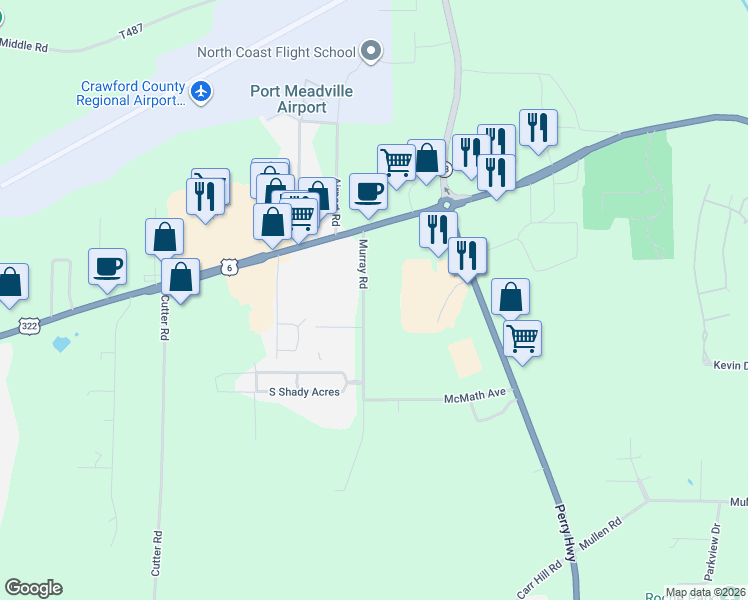 map of restaurants, bars, coffee shops, grocery stores, and more near 11176 Murray Road in Meadville