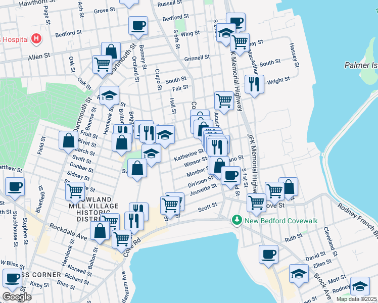 map of restaurants, bars, coffee shops, grocery stores, and more near 74 Katherine Street in New Bedford