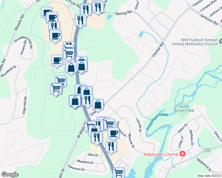 map of restaurants, bars, coffee shops, grocery stores, and more near 726 Vassar Road in Poughkeepsie
