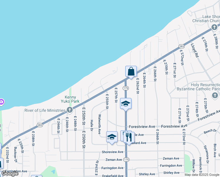map of restaurants, bars, coffee shops, grocery stores, and more near 247 East 255th Street in Euclid