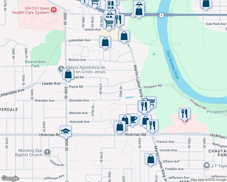 map of restaurants, bars, coffee shops, grocery stores, and more near 2530 Prospect Road in Des Moines