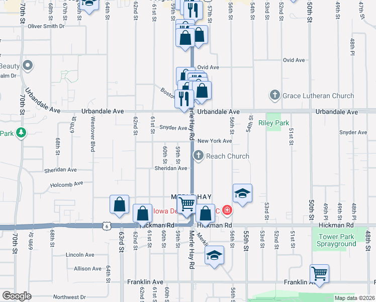 map of restaurants, bars, coffee shops, grocery stores, and more near 2725 Merle Hay Road in Des Moines