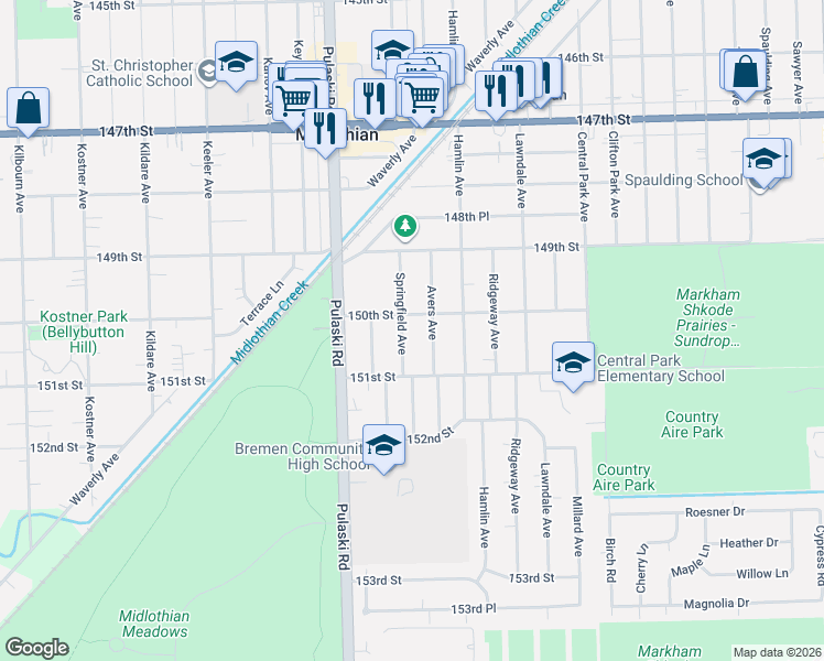 map of restaurants, bars, coffee shops, grocery stores, and more near 15034 Avers Avenue in Midlothian