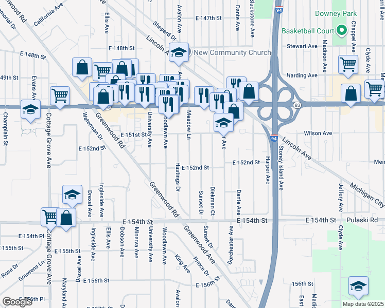 map of restaurants, bars, coffee shops, grocery stores, and more near 15135 Meadow Lane in Dolton
