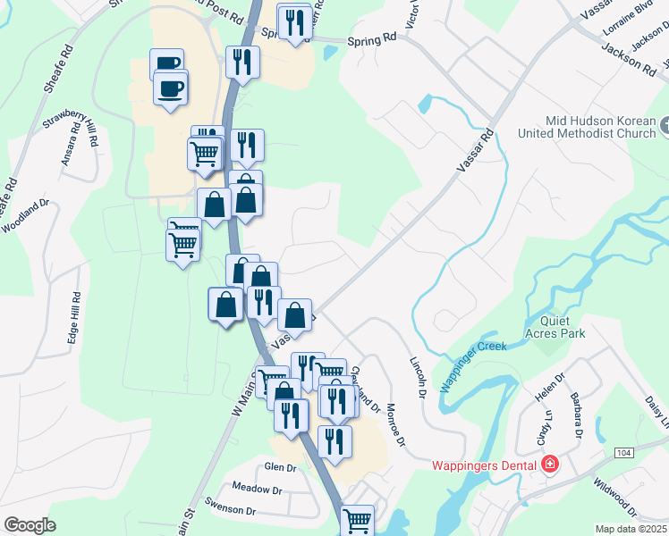 map of restaurants, bars, coffee shops, grocery stores, and more near 726 Vassar Road in Poughkeepsie