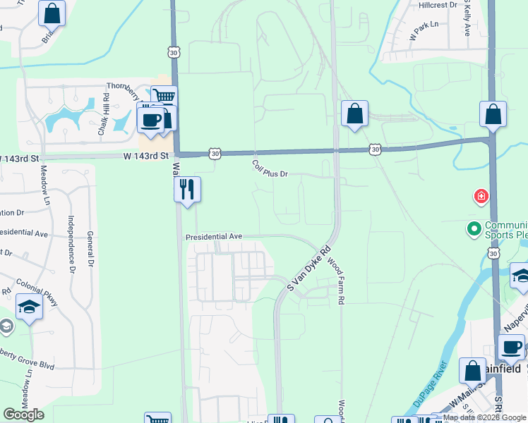 map of restaurants, bars, coffee shops, grocery stores, and more near 24600 Presidential Avenue in Plainfield