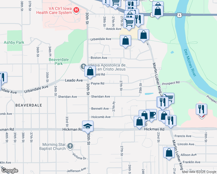 map of restaurants, bars, coffee shops, grocery stores, and more near 2739 Sheridan Avenue in Des Moines