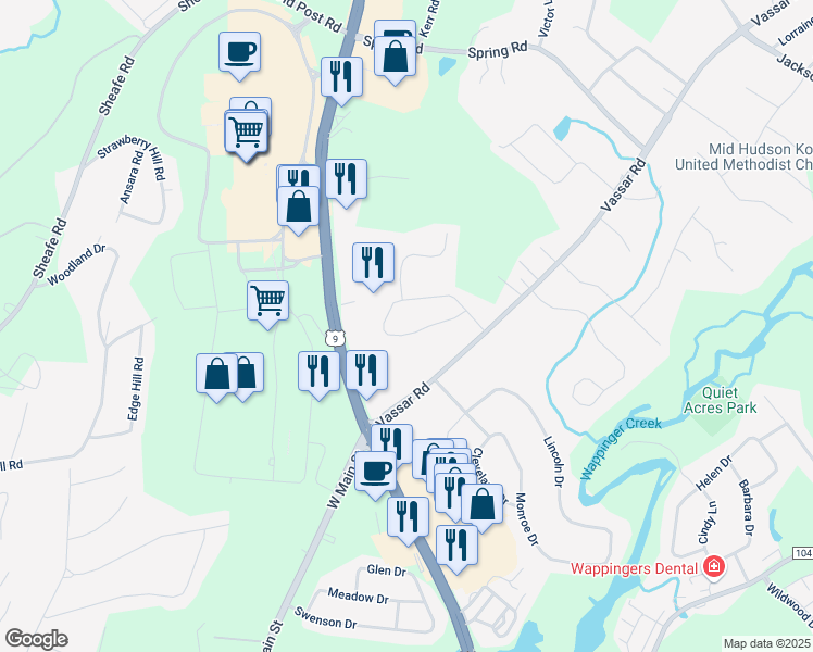 map of restaurants, bars, coffee shops, grocery stores, and more near 44 Stephanie Lane in Poughkeepsie