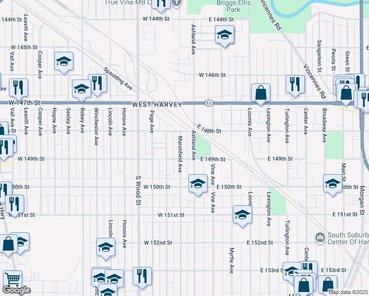 map of restaurants, bars, coffee shops, grocery stores, and more near 14847 Marshfield Avenue in Harvey