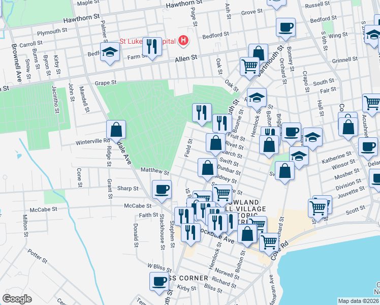 map of restaurants, bars, coffee shops, grocery stores, and more near 136 Field Street in New Bedford