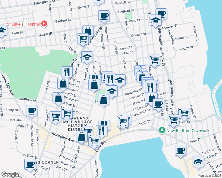 map of restaurants, bars, coffee shops, grocery stores, and more near 486 Orchard Street in New Bedford