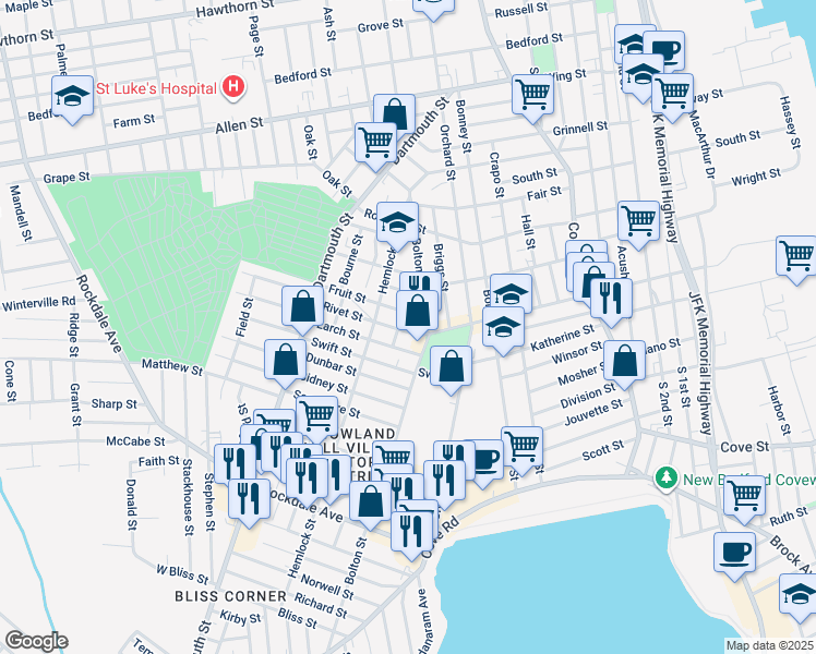 map of restaurants, bars, coffee shops, grocery stores, and more near 28 Larch Street in New Bedford