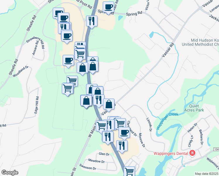 map of restaurants, bars, coffee shops, grocery stores, and more near 44 Stephanie Lane in Poughkeepsie