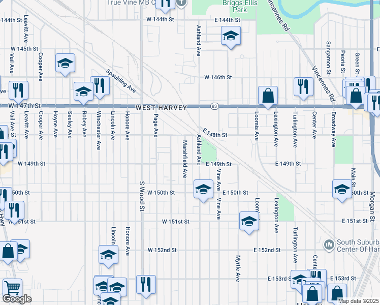 map of restaurants, bars, coffee shops, grocery stores, and more near 14847 Marshfield Avenue in Harvey
