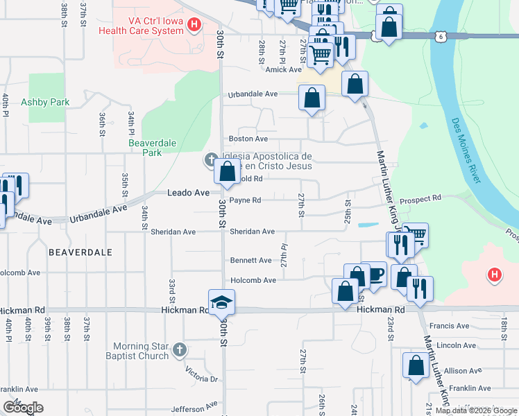map of restaurants, bars, coffee shops, grocery stores, and more near 2819 Sheridan Avenue in Des Moines