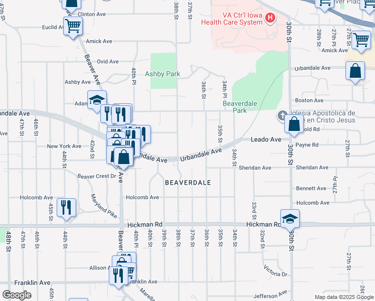 map of restaurants, bars, coffee shops, grocery stores, and more near 3714 Urbandale Avenue in Des Moines