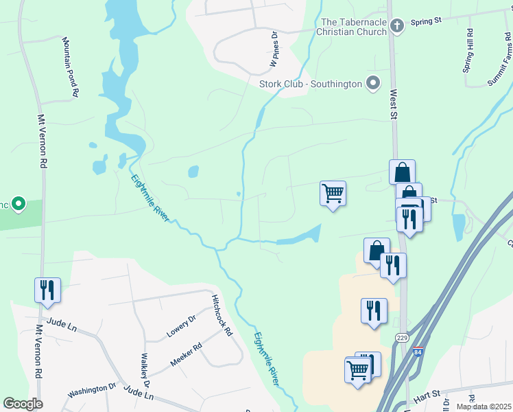 map of restaurants, bars, coffee shops, grocery stores, and more near 46 Ladyslipper Lane in Southington