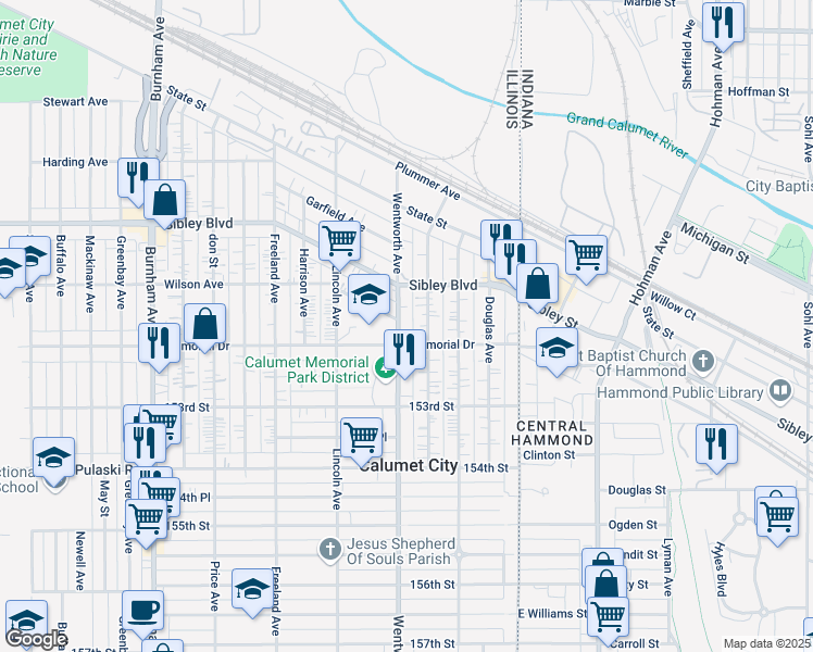map of restaurants, bars, coffee shops, grocery stores, and more near 557 Wentworth Avenue in Calumet City