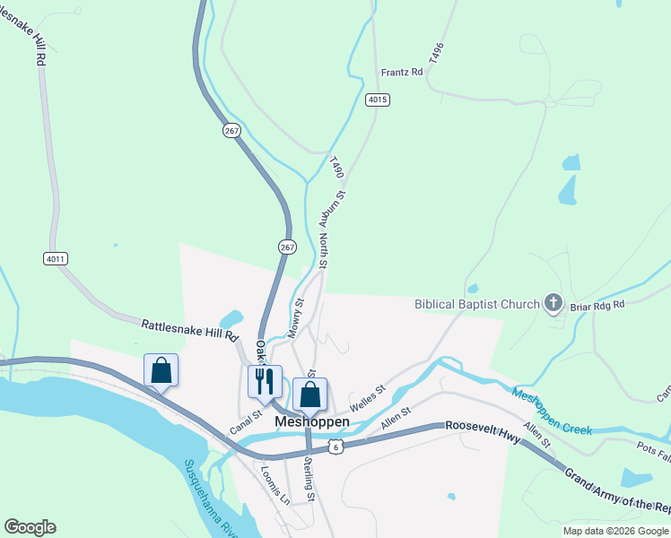 map of restaurants, bars, coffee shops, grocery stores, and more near 155 Penn Avenue in Meshoppen