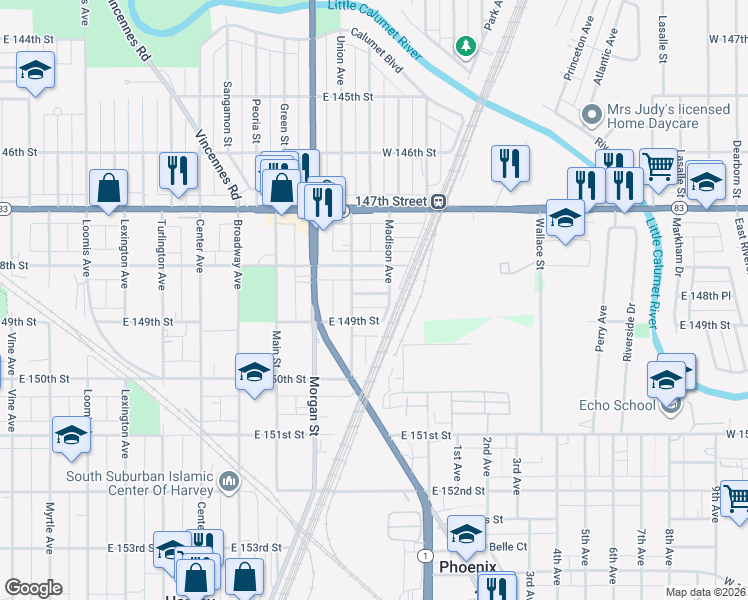 map of restaurants, bars, coffee shops, grocery stores, and more near 291 East 149th Street in Harvey