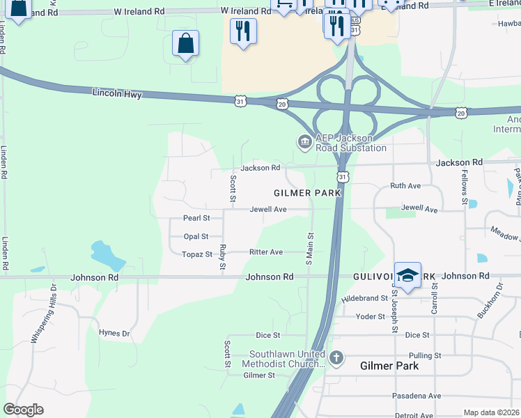 map of restaurants, bars, coffee shops, grocery stores, and more near 20009 Jewell Avenue in South Bend
