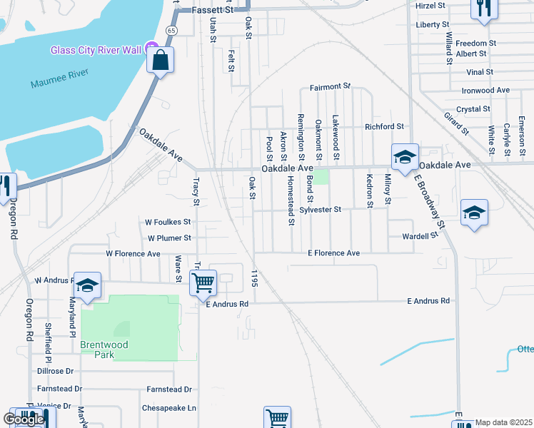 map of restaurants, bars, coffee shops, grocery stores, and more near 1727 Oak Street in Toledo