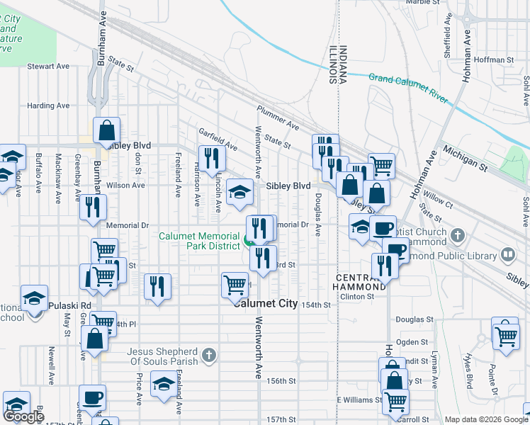 map of restaurants, bars, coffee shops, grocery stores, and more near 579 Wentworth Avenue in Calumet City