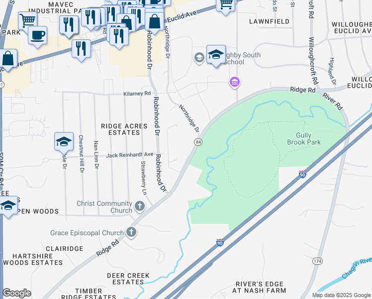 map of restaurants, bars, coffee shops, grocery stores, and more near 36851 Ridge Road in Willoughby