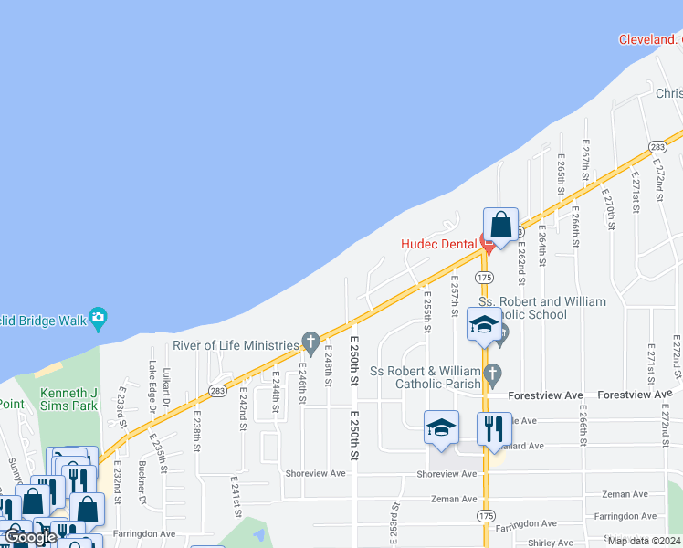map of restaurants, bars, coffee shops, grocery stores, and more near 24995 Lakeshore Boulevard in Euclid