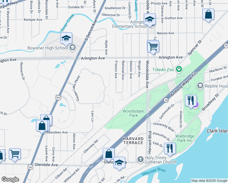 map of restaurants, bars, coffee shops, grocery stores, and more near 1055 Garden Lake Court in Toledo