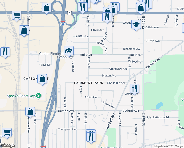 map of restaurants, bars, coffee shops, grocery stores, and more near 2516 Grandview Avenue in Des Moines