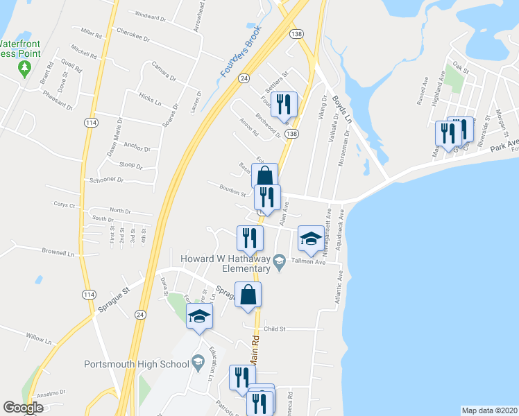 map of restaurants, bars, coffee shops, grocery stores, and more near 3374 East Main Road in Portsmouth