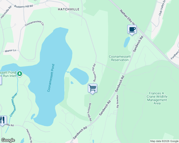 map of restaurants, bars, coffee shops, grocery stores, and more near 20 Theatre Drive in Falmouth