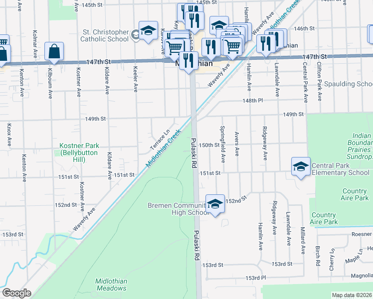 map of restaurants, bars, coffee shops, grocery stores, and more near 4010 150th Street in Midlothian