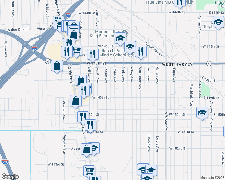 map of restaurants, bars, coffee shops, grocery stores, and more near 14807 Cooper Avenue in Harvey