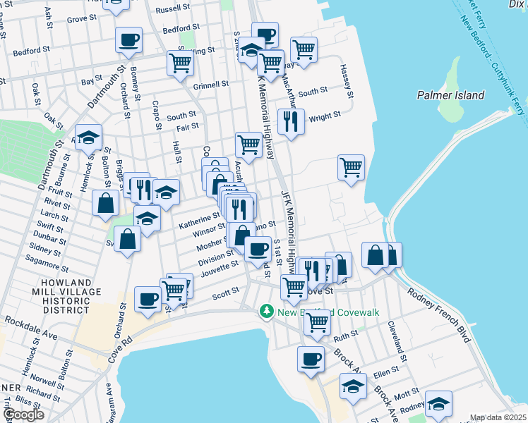 map of restaurants, bars, coffee shops, grocery stores, and more near 153 Blackmer Street in New Bedford