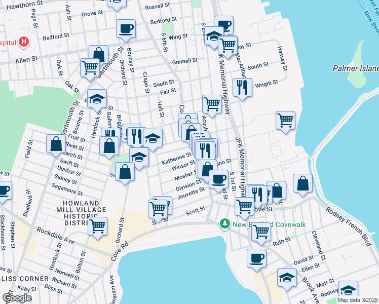 map of restaurants, bars, coffee shops, grocery stores, and more near 164 Rivet Street in New Bedford