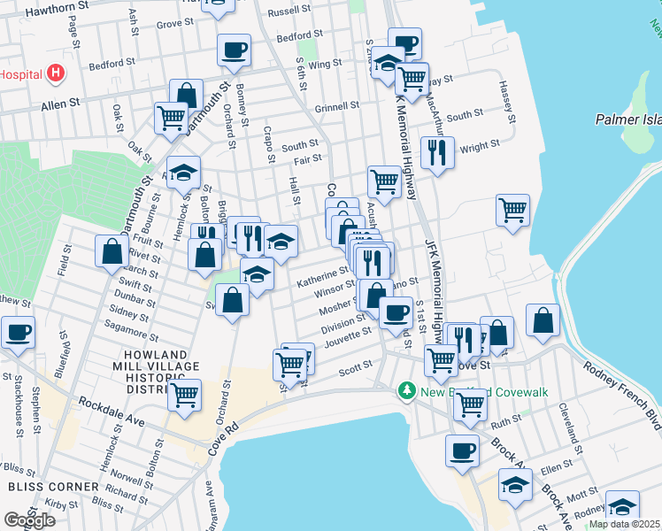 map of restaurants, bars, coffee shops, grocery stores, and more near 164 Rivet Street in New Bedford