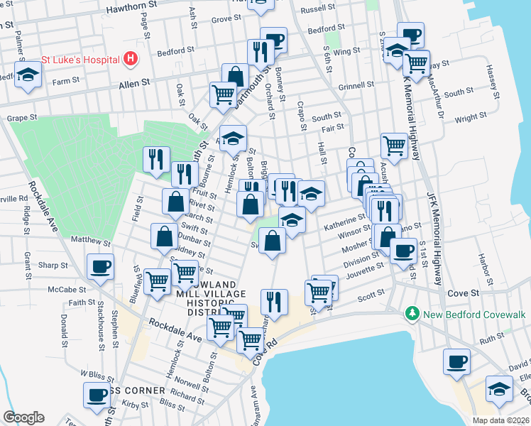 map of restaurants, bars, coffee shops, grocery stores, and more near 450 Bolton Street in New Bedford