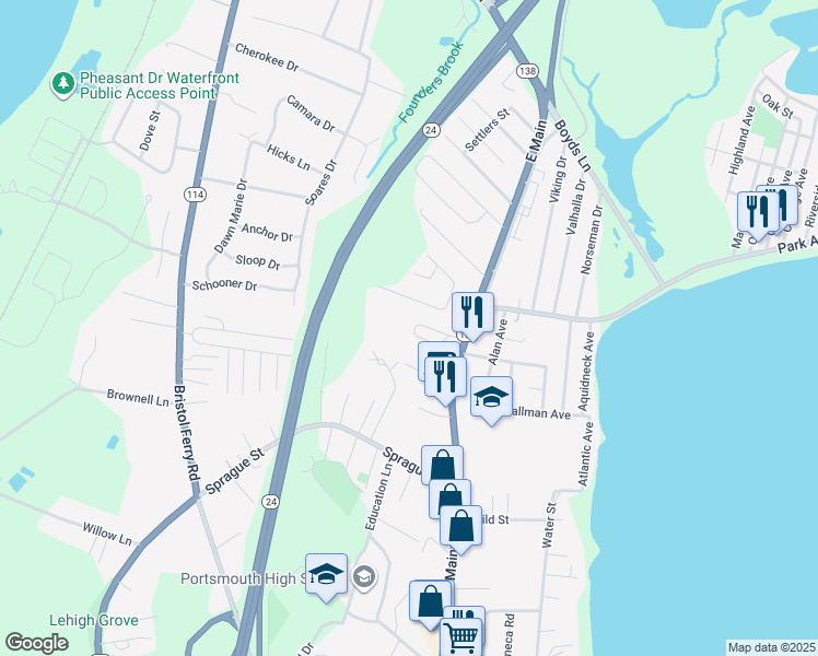 map of restaurants, bars, coffee shops, grocery stores, and more near 68 Bourbon Street in Portsmouth