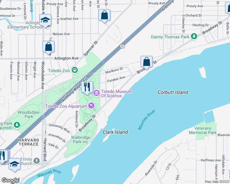 map of restaurants, bars, coffee shops, grocery stores, and more near 1021 Saint James Court in Toledo