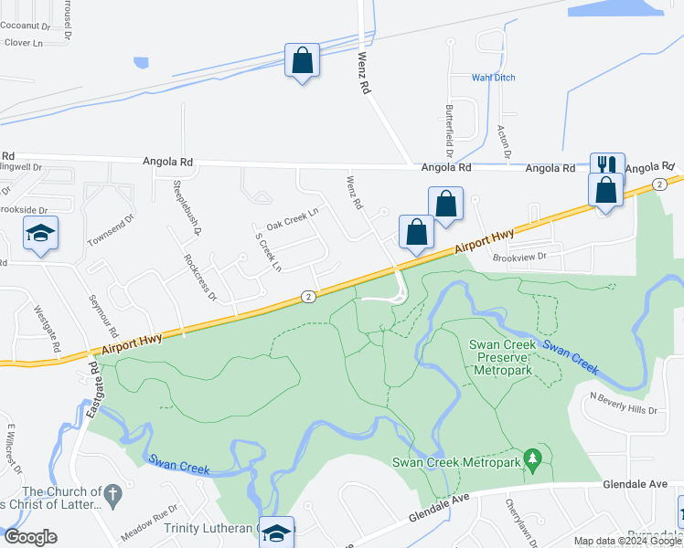 map of restaurants, bars, coffee shops, grocery stores, and more near 1156 Country Creek Lane in Toledo