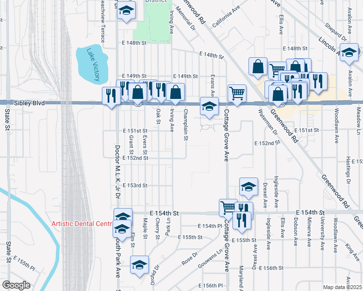 map of restaurants, bars, coffee shops, grocery stores, and more near 15106 Champlain Street in Dolton