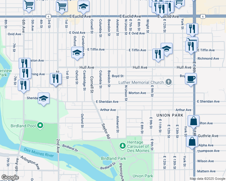 map of restaurants, bars, coffee shops, grocery stores, and more near 508 Grandview Avenue in Des Moines