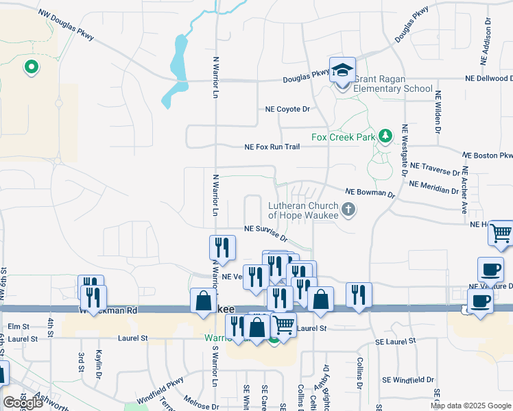 map of restaurants, bars, coffee shops, grocery stores, and more near 340 Northeast Carefree Lane in Waukee