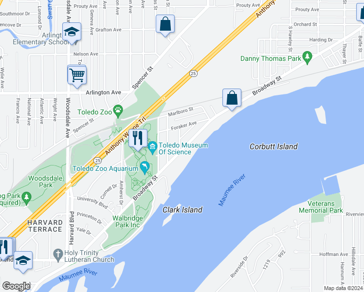 map of restaurants, bars, coffee shops, grocery stores, and more near 2594 Broadway Street in Toledo