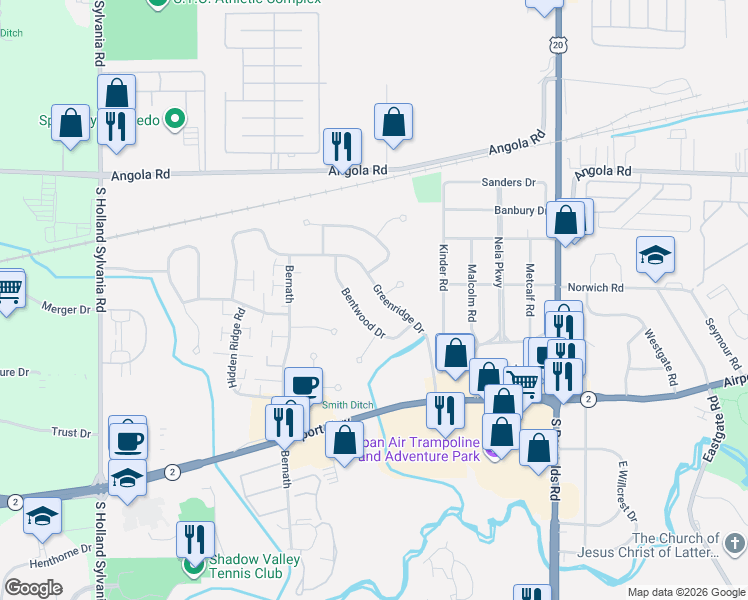 map of restaurants, bars, coffee shops, grocery stores, and more near 5535 Greenridge Drive in Toledo