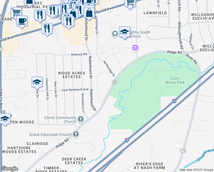 map of restaurants, bars, coffee shops, grocery stores, and more near 36851 Ridge Road in Willoughby
