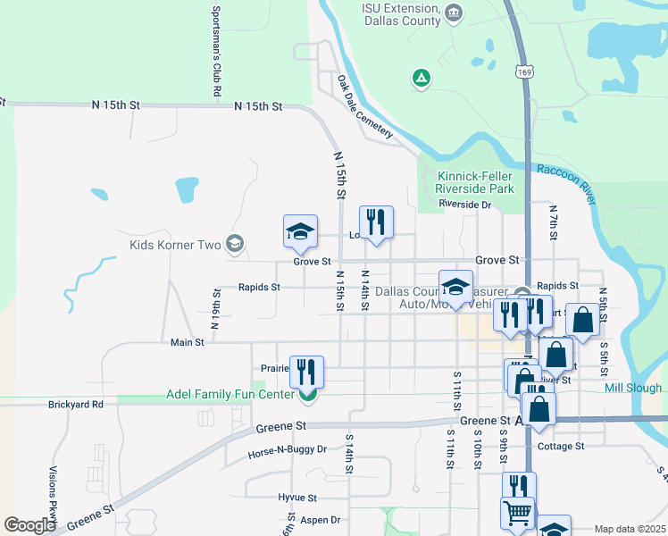 map of restaurants, bars, coffee shops, grocery stores, and more near 1516 Grove Street in Adel